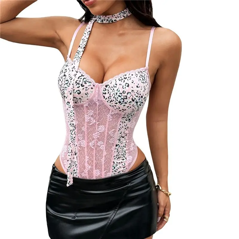 

Женский корсет-боди с леопардовым принтом, на тонких бретелях, с V-образным вырезом, из прозрачной сетки, с завязками на шее