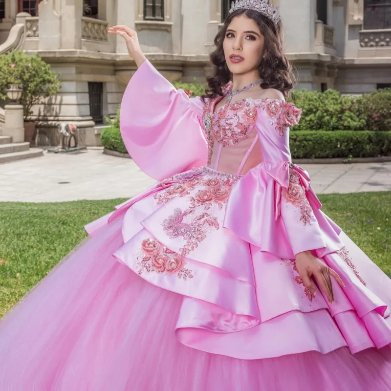 

Pink Quinceanera Dress off-shoulder Crystal 3D Flower Decal Lace Layering Long tail Bow vestidos de 15 Quinceanera ﻿Customize