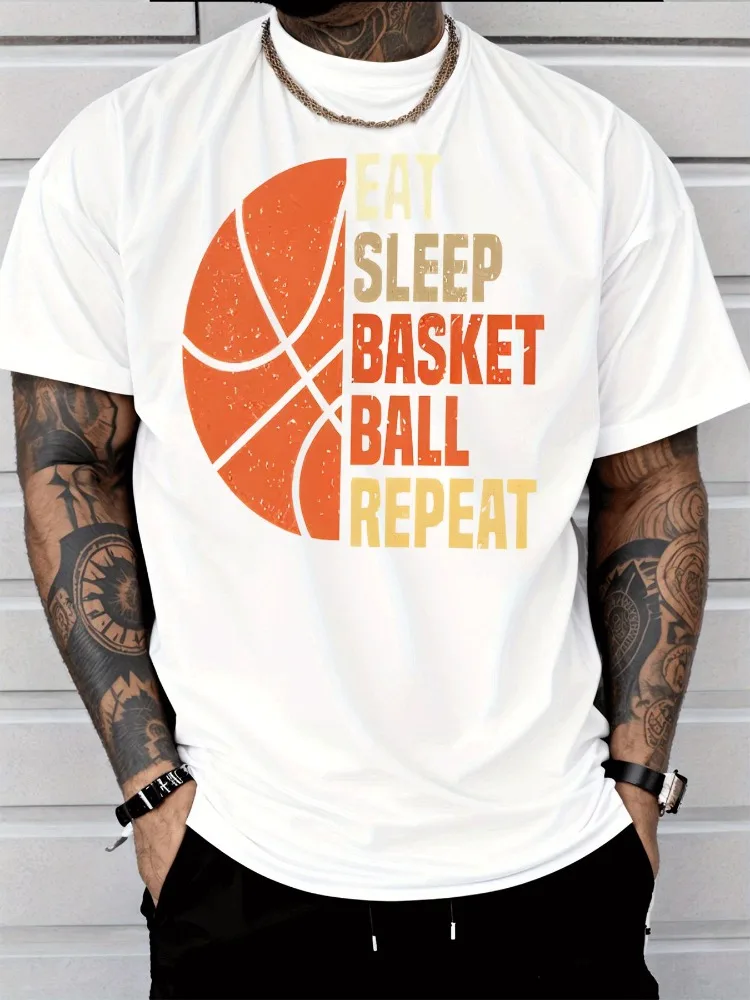 Men Eat Sleep Basketball Repeat Vintage Sports Graphic Crew Neck Short Sleeve Casual Summer Male Soft Basic Street Tees Apparel
