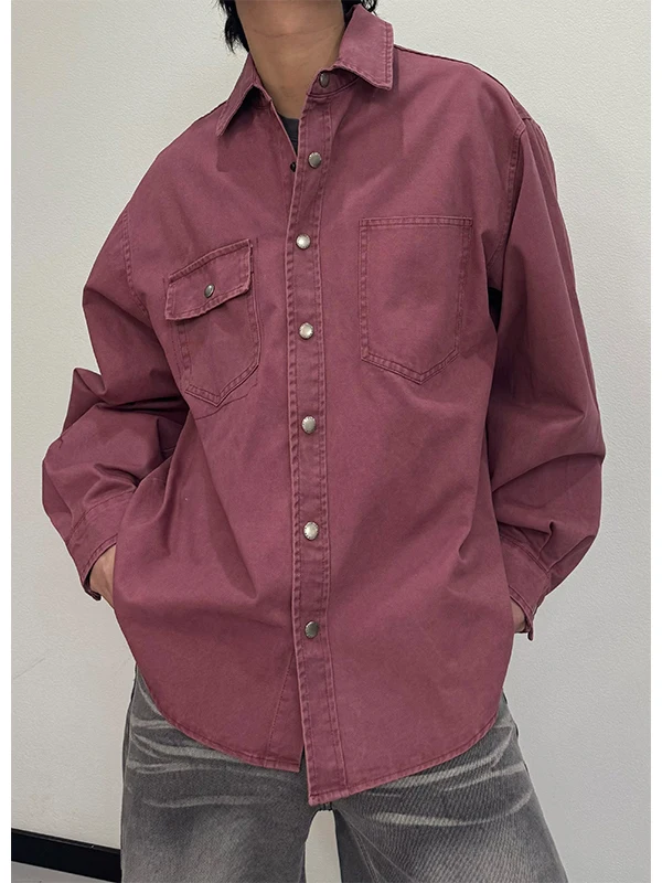 

Мужская джинсовая рубашка TANGZ Studio в американском ретро-стиле, свободного кроя, с длинным рукавом, глубокого красного цвета, модная весенняя хлопковая куртка