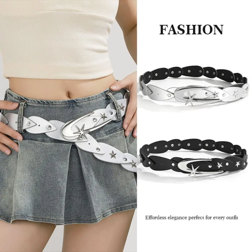 Alloy Buckle Women's Waist Belt Five Star Decoration Irregular Design Pants Belt Pu Leather Punk Style Decorative Belt