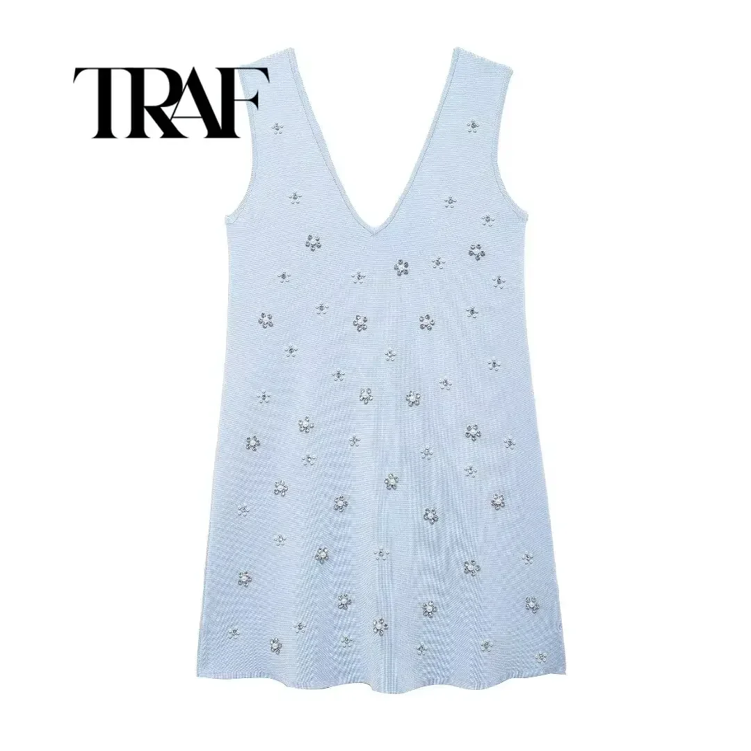 TRAF New Women Fashion Chic Dresses O-Neck Sleeveless Pearl Appliques Decorate Female Elegant Slim Mini Dress