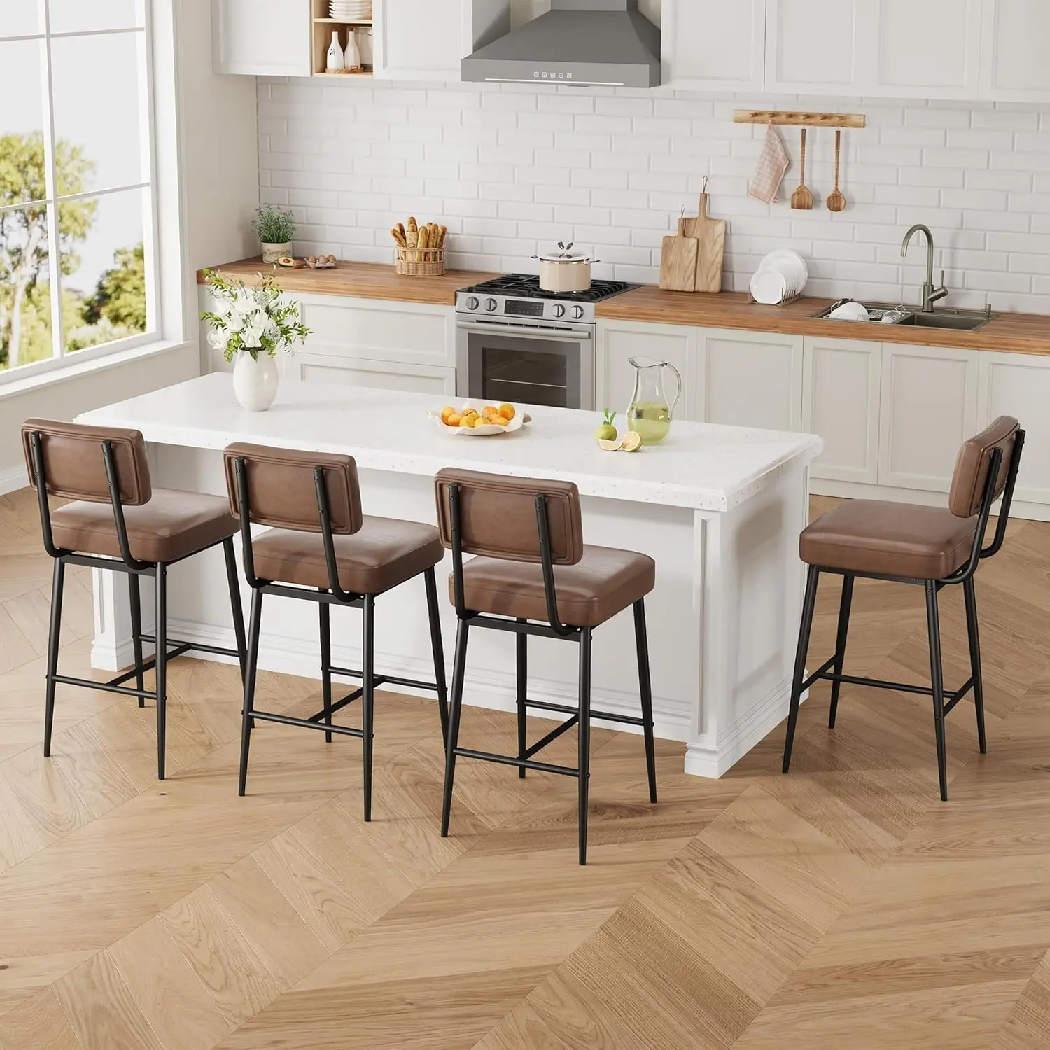 2 Pcs Bar Stools,Faux Leather Counter Height Bar Stool with Back, Metal Legs, Upholstered Barstool Chairs for Island,Counter Bar