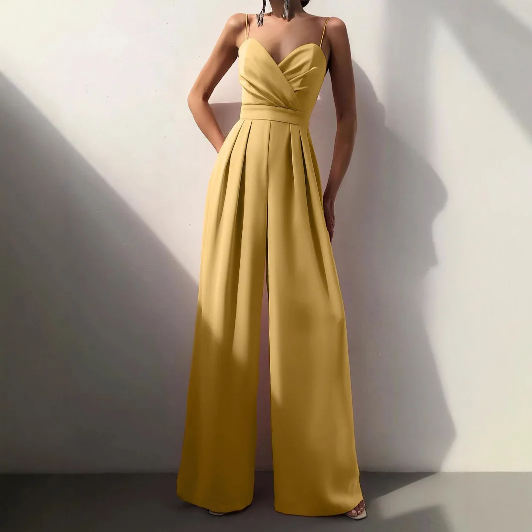 

Sleeveless High Waist Jumpsuit Wide Leg Sling Long Pants Romper 2025 Spring Summer Casual Outfit Solid Slim V Neck Rompers