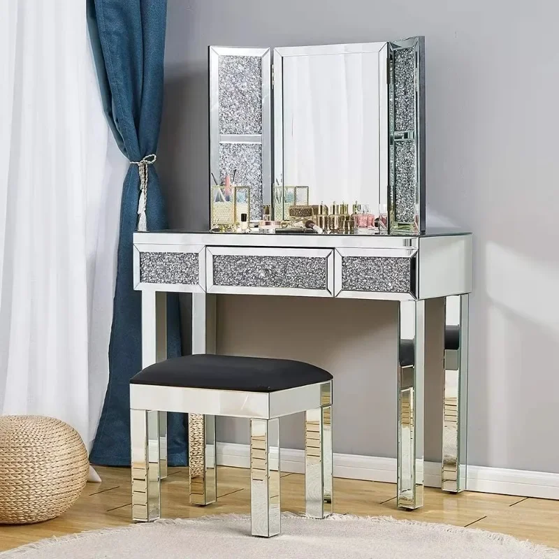 

Guanding Hot Sale Crushed Diamond Mirrored Dressing Table Vanity Table