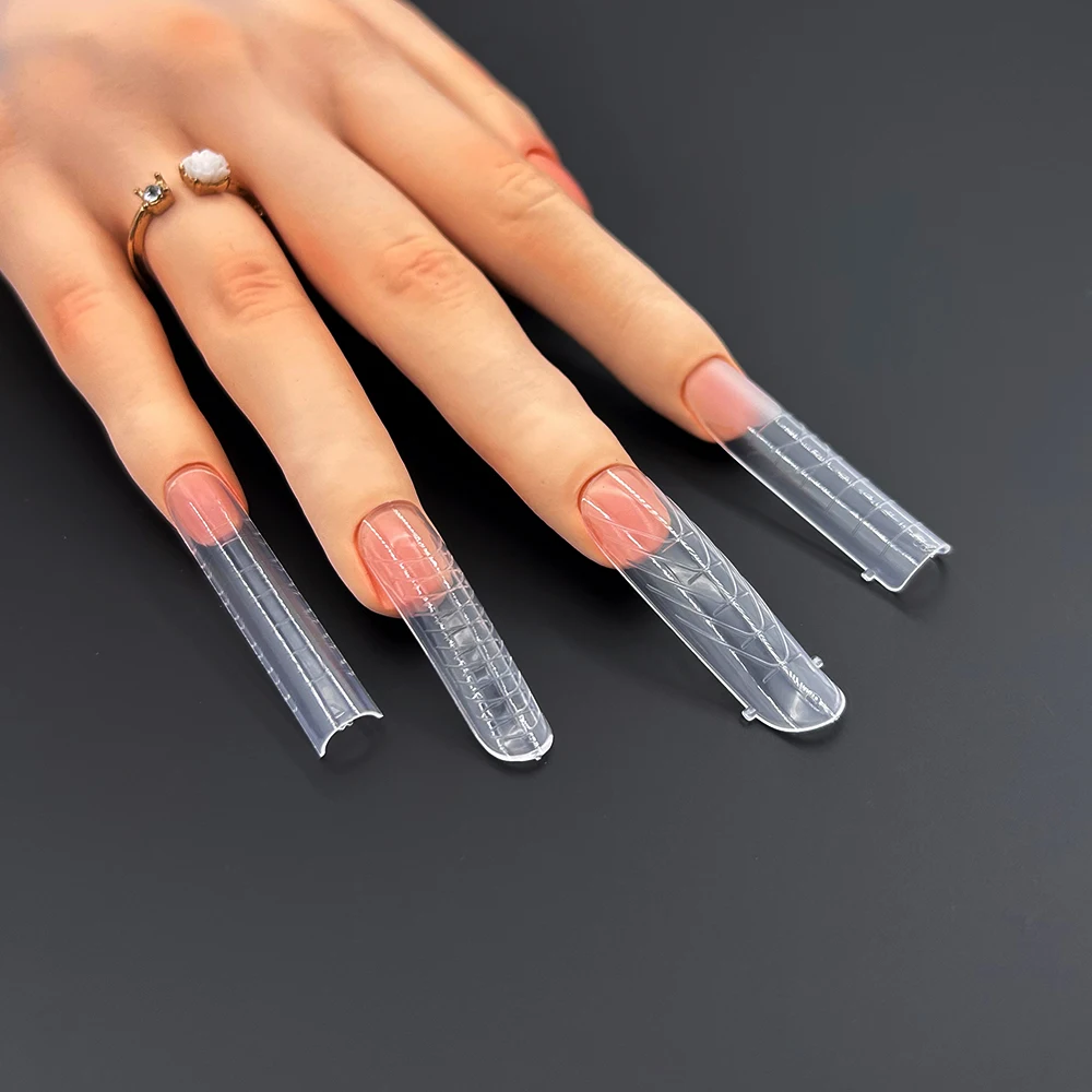 120PCS Clear Full Cover Dual Nail System Forms UV Gel Acrylic Nail Art Mold Artificial Tips with Scale for Extension Long Coffin