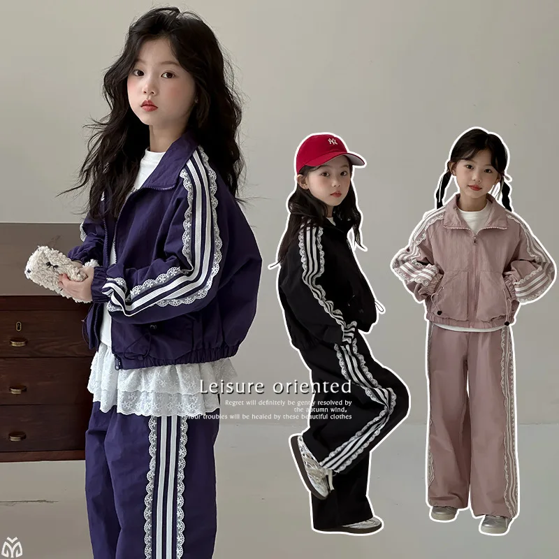 teeagers girls sport clothes set Lace Zipper cardigan jacket Lace Strip pants Two Piece Sportswear suit child outfits Collection