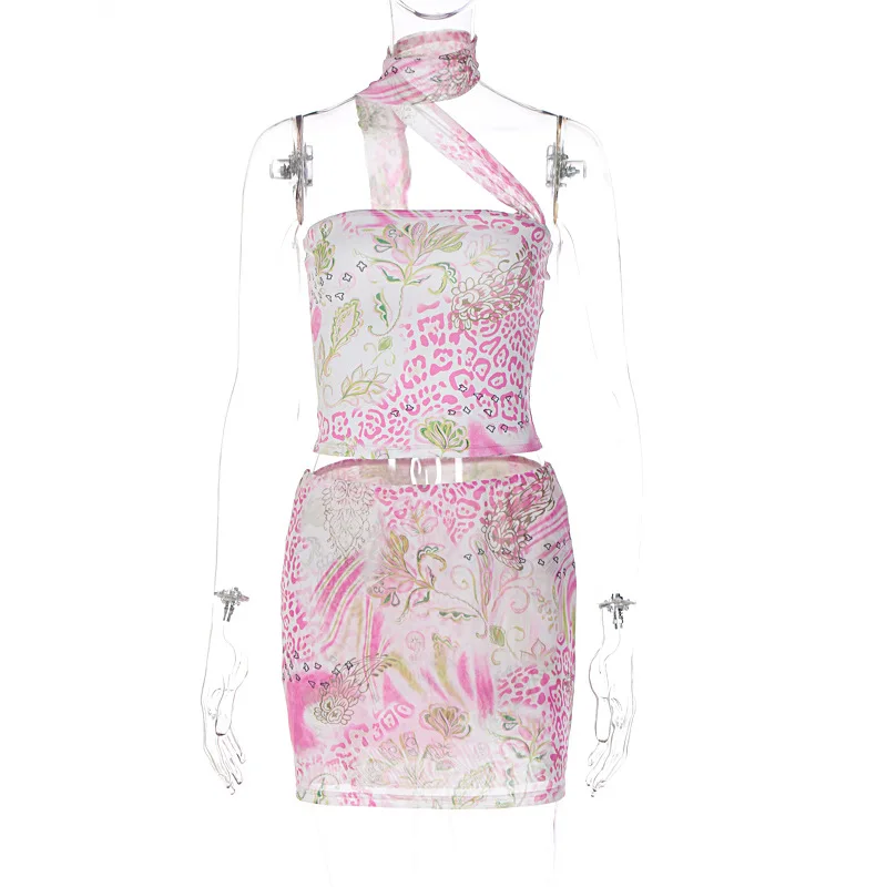 SKMY Conjunto estampado sexy rosa, camiseta curta halter e saia bodycon fashion, roupa feminina de duas peças para festa de outono 2025