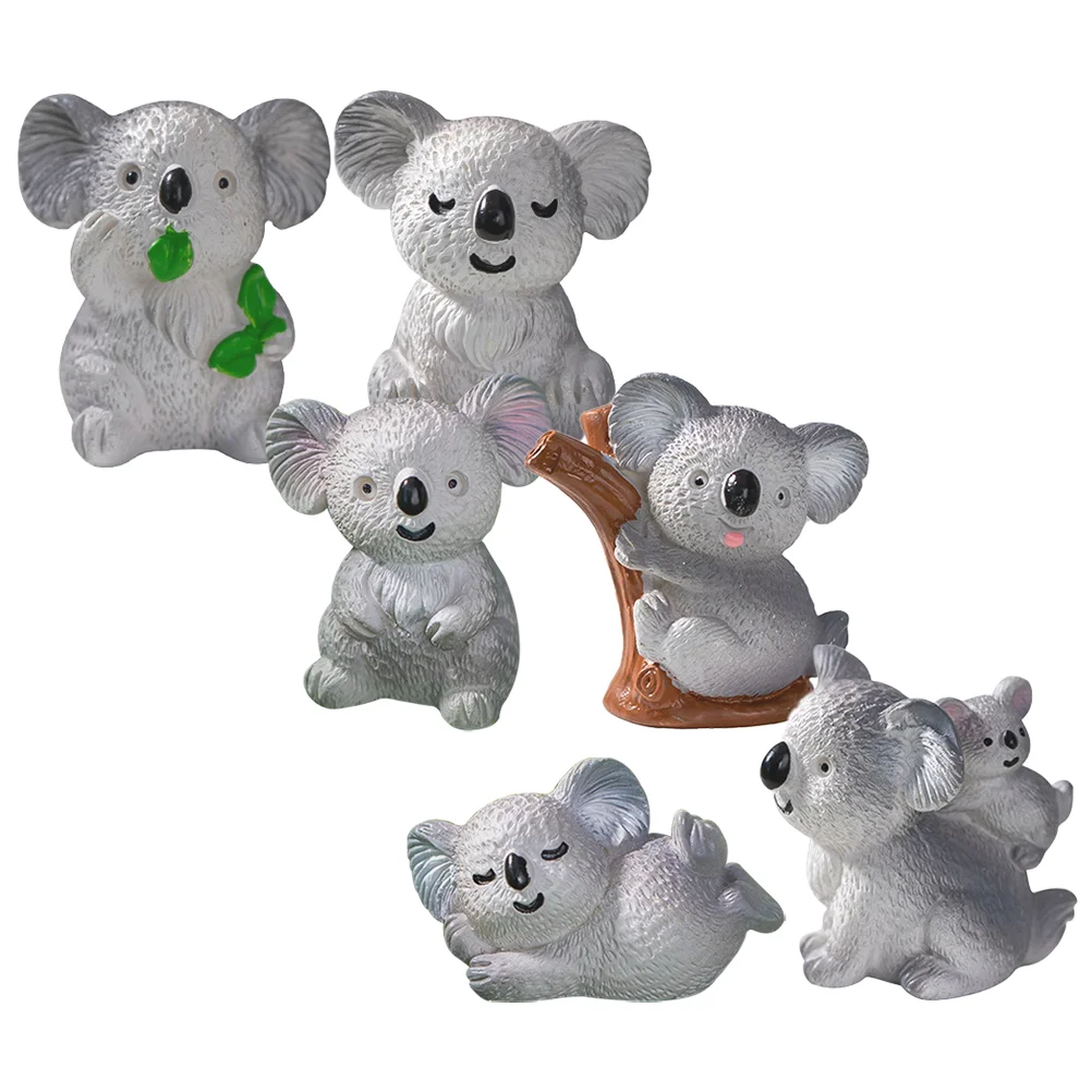 Figuras de Koala en miniatura, artesanía de resina, decoración de animales Adorable, paisaje, casa, pastel, coche, estatuas de jardín pequeñas, 6 uds.