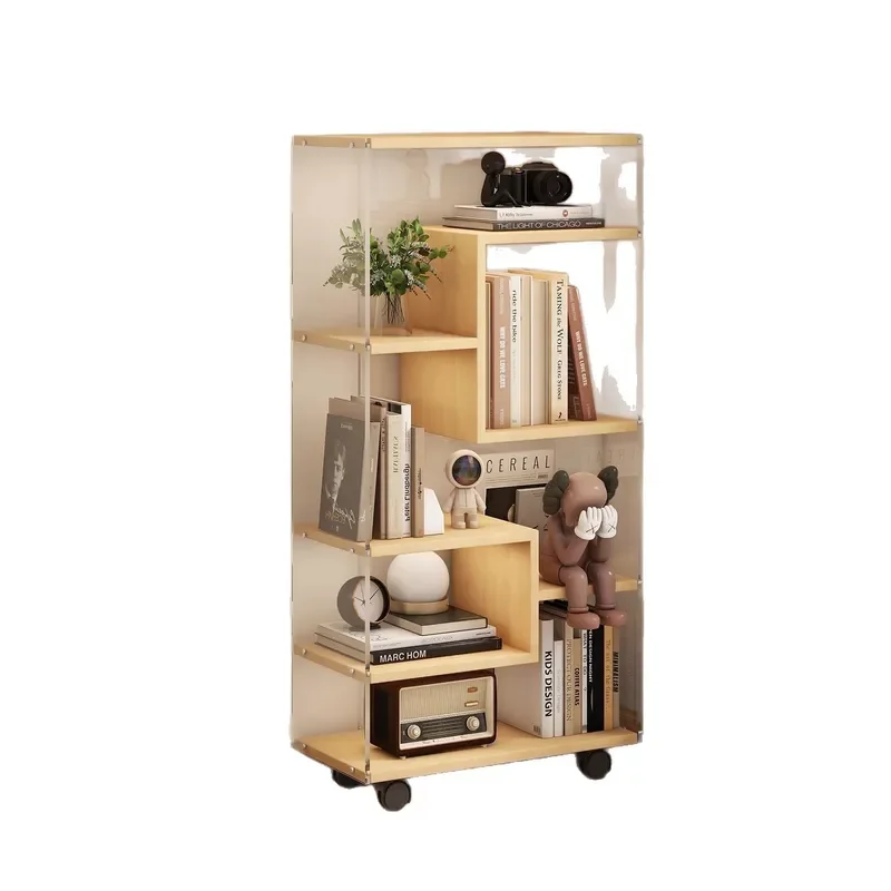 360 Rotating Bookshelf Solid Wood Acrylic Multi Layer Floor Standing Storage Rack for Students Home Office