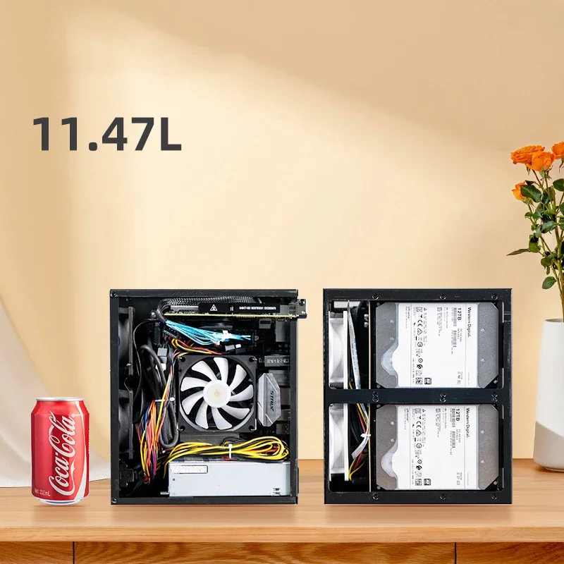 6-Bay Aluminum Enclosure NAS Chassis with ITX Motherboard Compact 1U Power Supply Black Storage Server Chassis for Group Use