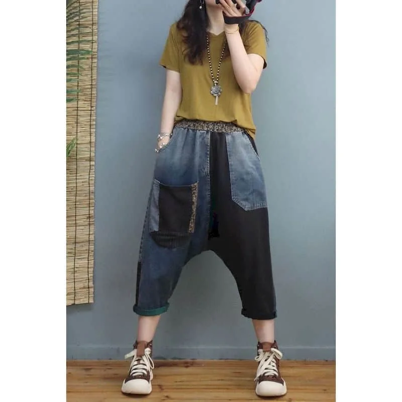 Baggy Jeans for Women Patchwork Casual 2026 Summer Loose Calf Length Denim Harem Pants Elastic Waist Streetwear Women Clothing