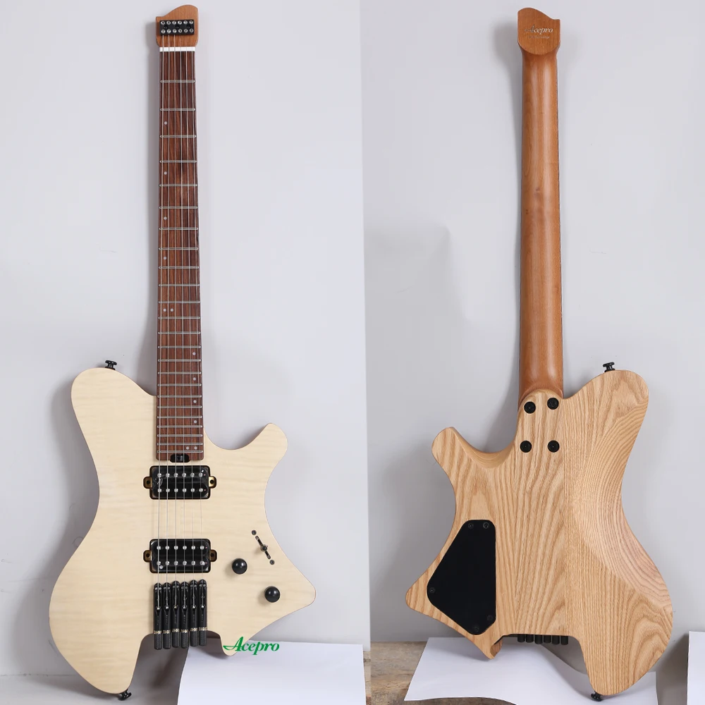 

Acepro Headless Electric Guitar Ash Body Natural Flame Maple Top, Roasted Maple, Stainless Steel Frets Natural Color Guitarra