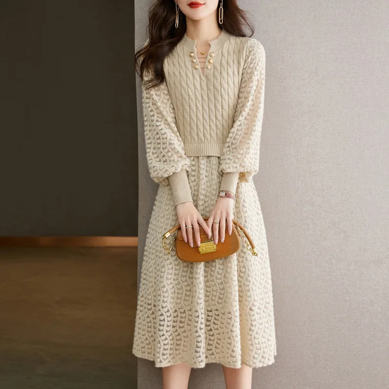 

South Korea Elegant Socialite Knitted 2024 New Fashion Lantern Sleeve Fake Two Pieces Long Sweater Dress