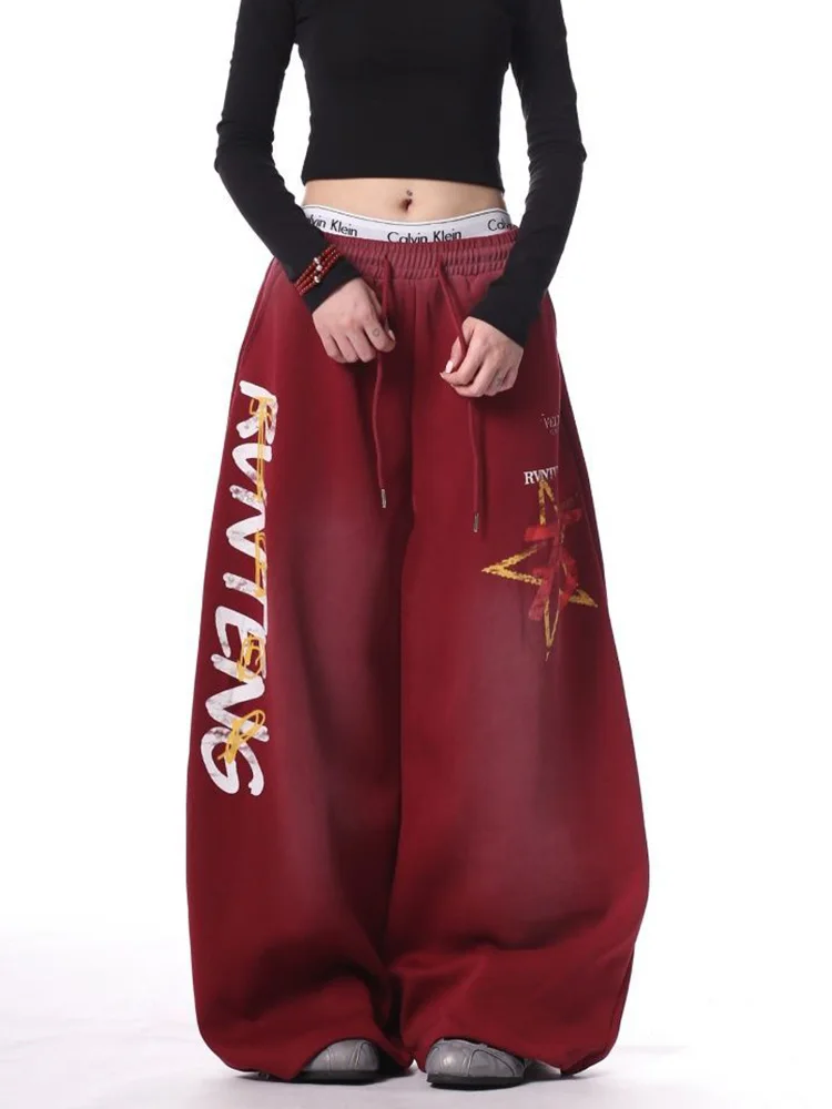 American Streetwear Letter Sweatpants Women Vintage Gradient Y2K Pants Loose High Waist Harajuku Fall Winter Wide Leg Trousers