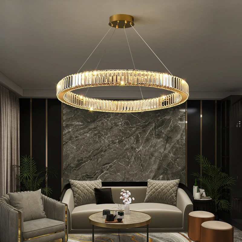 Modern Luxury Round Ring Crystal Chandelier Led Dimming Steel Circle Pendant Lamp Gold Silver Hanging Light For Living Room Home