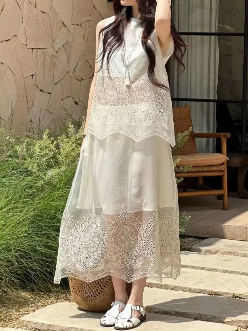 Women Lace Spliced 2-Piece Set Sleeveless O-Neck Vest Top + High Waist A-Line Long Skirt Loose Casual 100% Silk Suit