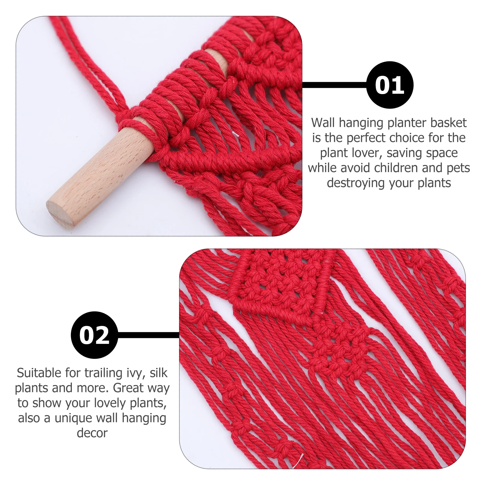 Corda di cotone Vaso da fiori Borsa a rete Fioriera sospesa Cesto H Tessuto Durevole Porta piante da interno Rosso Decorazione da giardinaggio per bambini Ecologico