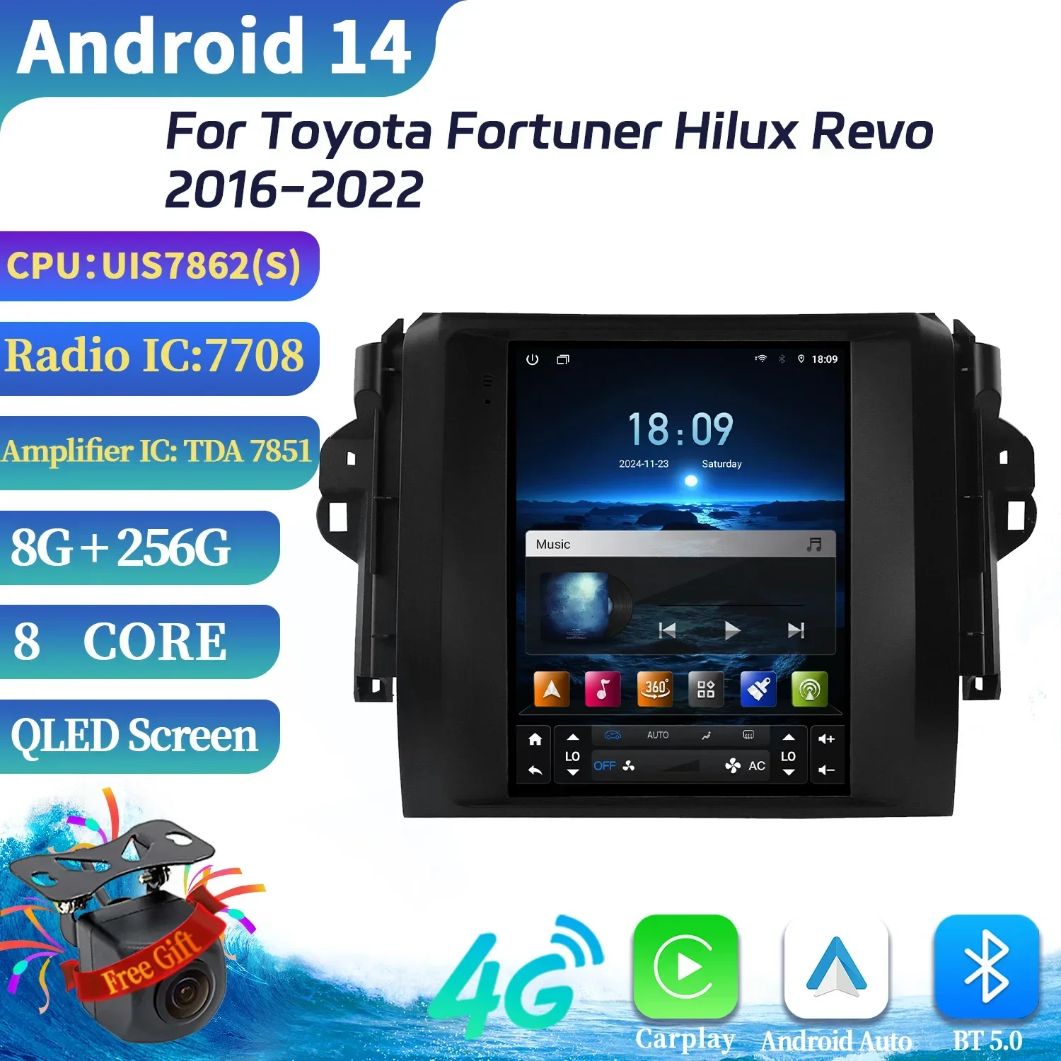 9.7inch Android 14 Car Radio Multimedia 4G GPS For Toyota Fortuner Hilux Revo 2016-2022 Navigation BT CarPlay Head Unit Screen