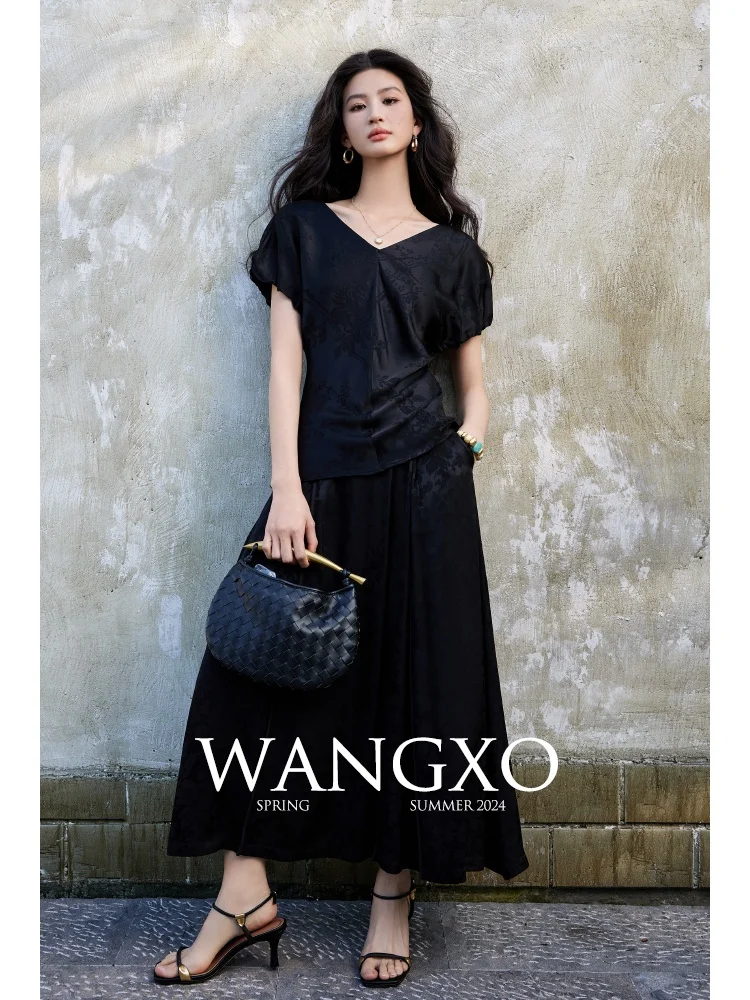 

WANGXO Satin Texture Embroidery V-Neck Long Skirt Set New Chinese Style Short Sleeve round Neck Two-Piece Suit for Women
