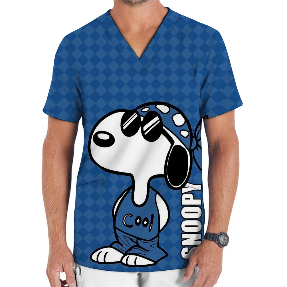 Men's V-neck Nurse Uniform T-shirt s-5XL Pocket Hospital Snoopy Kawaii Y2k Clothes Top 2024 New Men's Shirt