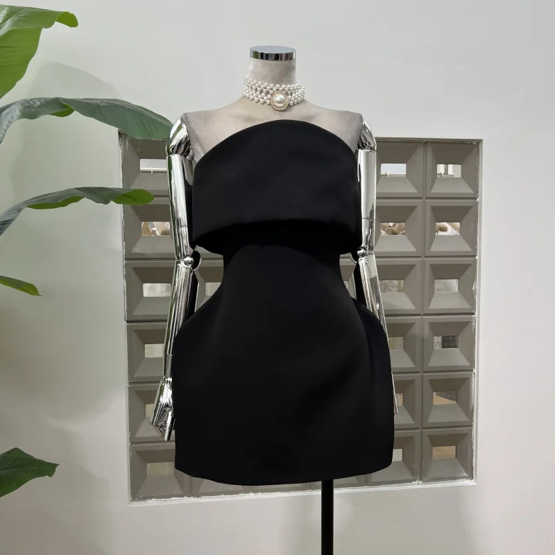 

Overseas Daughter Strapless Solid Color Hourglass Waist Dress British Party Slimming Unique Simple Style