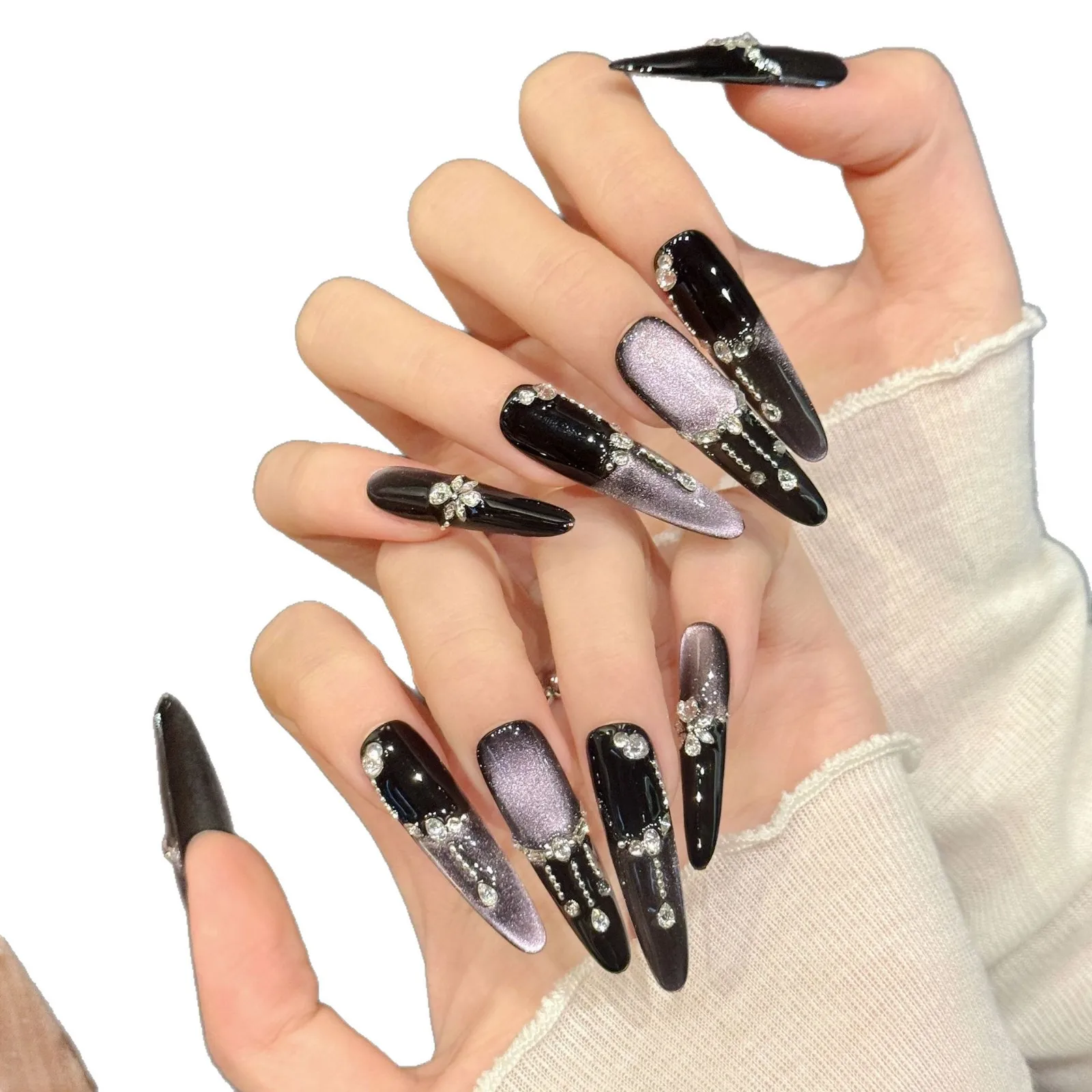 10PCS 럭셔리 핸드메이드 네일 퍼플 나이트메어 롱 디자인 라이트 럭셔리 스타일 반짝이는 바이올렛 캣아이 지르콘 라인스톤 4-피스