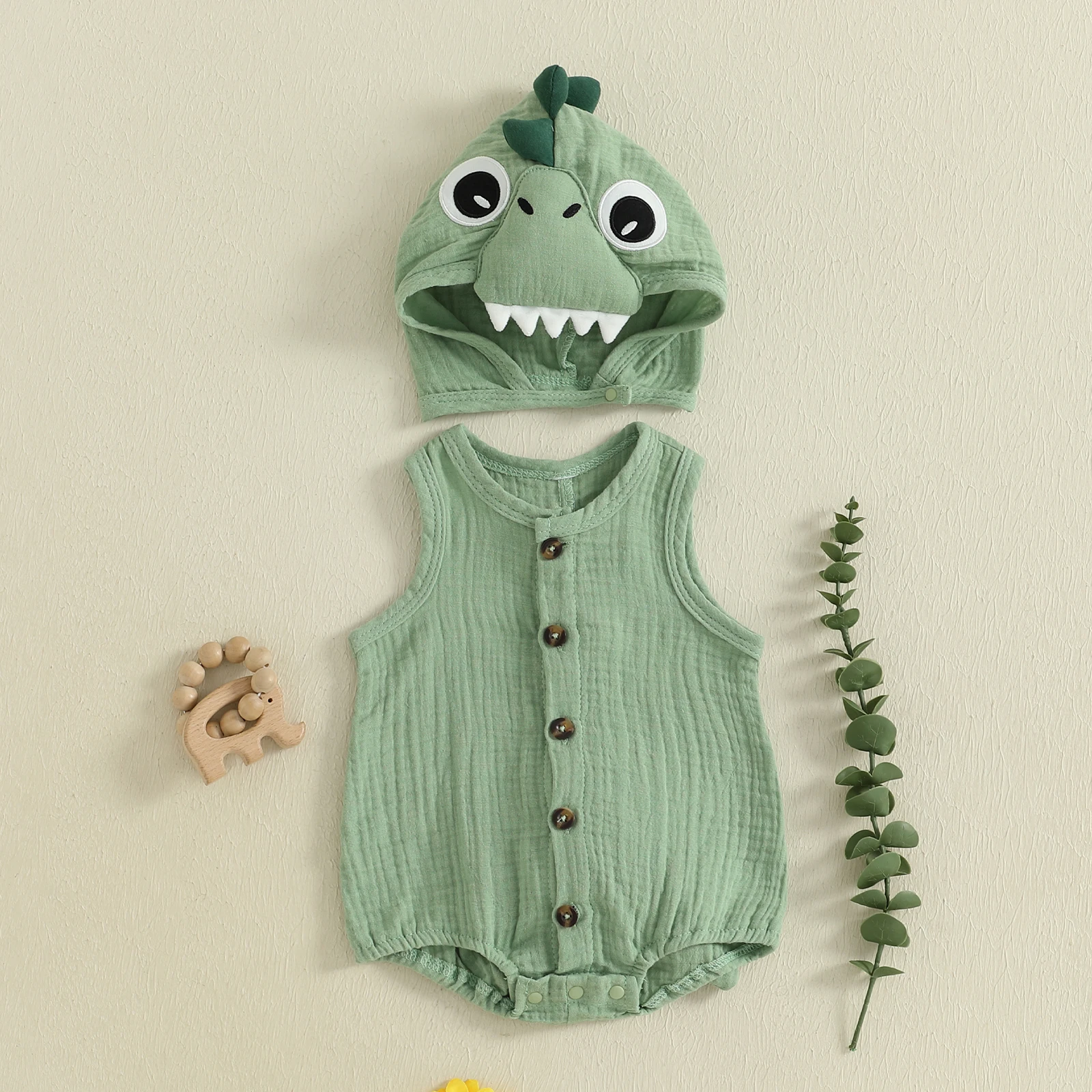 

Toddler Halloween Dragon Costume Sleeveless Round Neck Button Down Jumpsuit with Dino Tail and Hat 2 Pcs Set for Kids