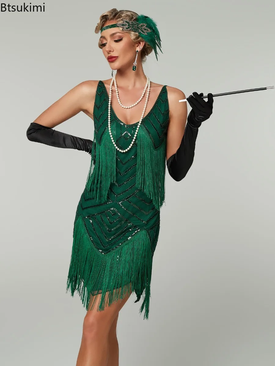 Women's Retro Style Sequin Dress 1920s V-Neck Cami Long Fringe Vestidos Flapper Costumes Gatsby Fashion Party Ball Evening Dress
