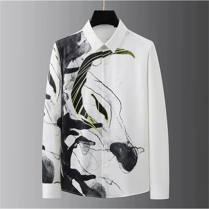 Luxurious printed shirts, men's long-sleeved casual shirts, fashionable street fashion, extra-large men's clothing without iron