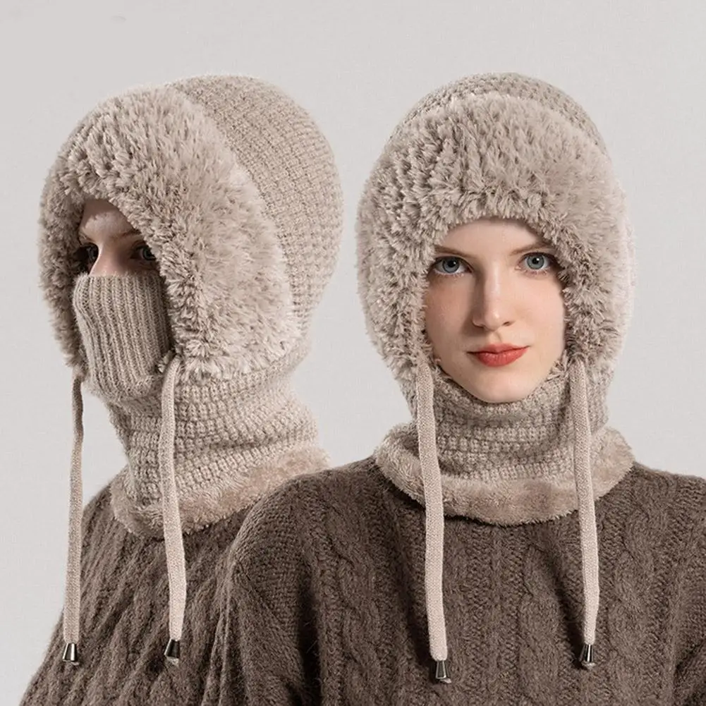 Pasamontañas de lana tejido de terciopelo para mujer, gorro con protección para los oídos, gorro esponjoso, máscara para el cuello, cubierta cálida integrada, gorro con capucha para mujer