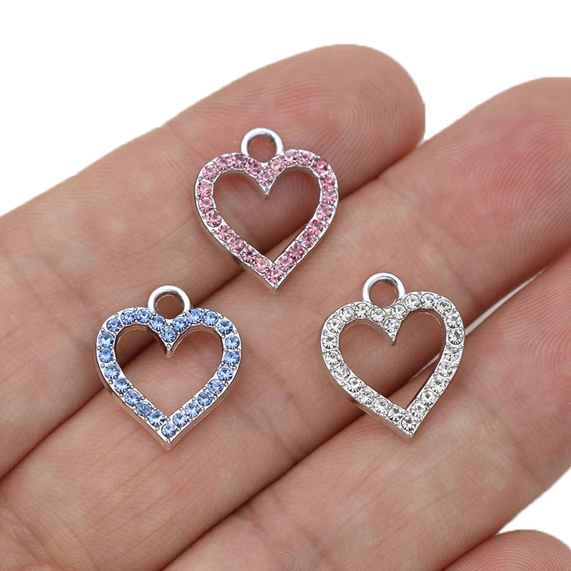 10Pcs Silver Plated Pink Crystal Heart Charm Pendant for Jewelry Making Earrings Bracelet Necklace Accessories DIY Findings