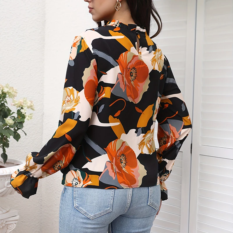 2024 Women\'s shirt fashion flower print design shirt new long sleeve 100 round neck casual flared cuff breathable fiber material