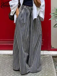 Oymimi Fashion Black Striped Print Women's Pants Elegant High Waist Loose Trousers Casual Straight Full Length Pants Streetwear