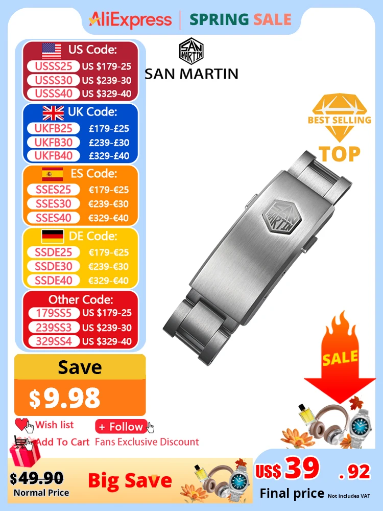 

San Martin New Fly Adjustable Clasp Watch Parts Bracelet Clasp For 16mm Specified Model Buckle Folding Clasp Non-universal