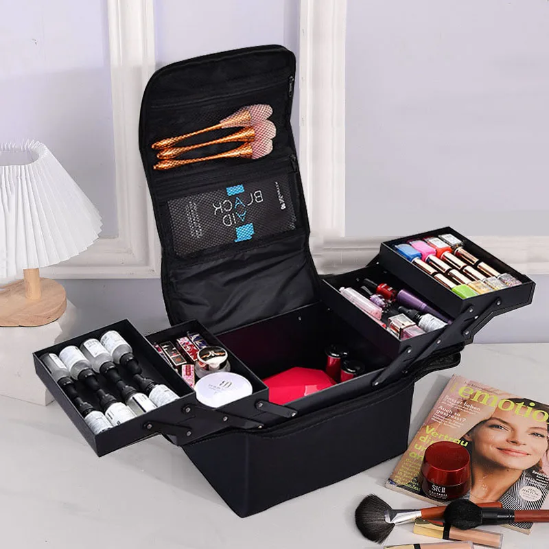 Large 3-Tier Makeup Organizer Case Oxford Fabric with Adjustable Trays Professional Cosmetic Storage for Business Trip Detachabl