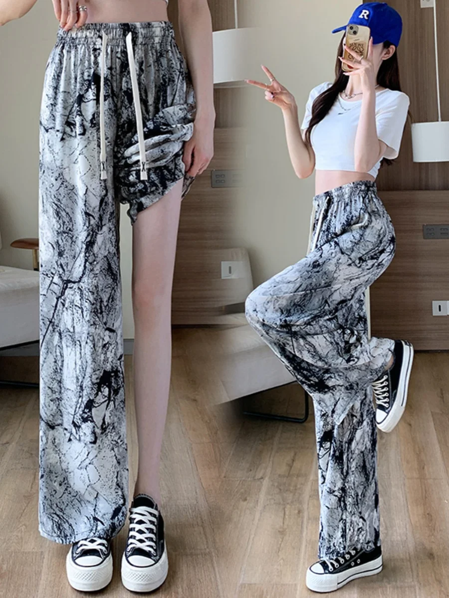 

Широкие брюки из ледяного шелка для женщин, летние, тонкие, больших размеров, охлаждающие, с высокой талией, прямые, повседневные, в пол
