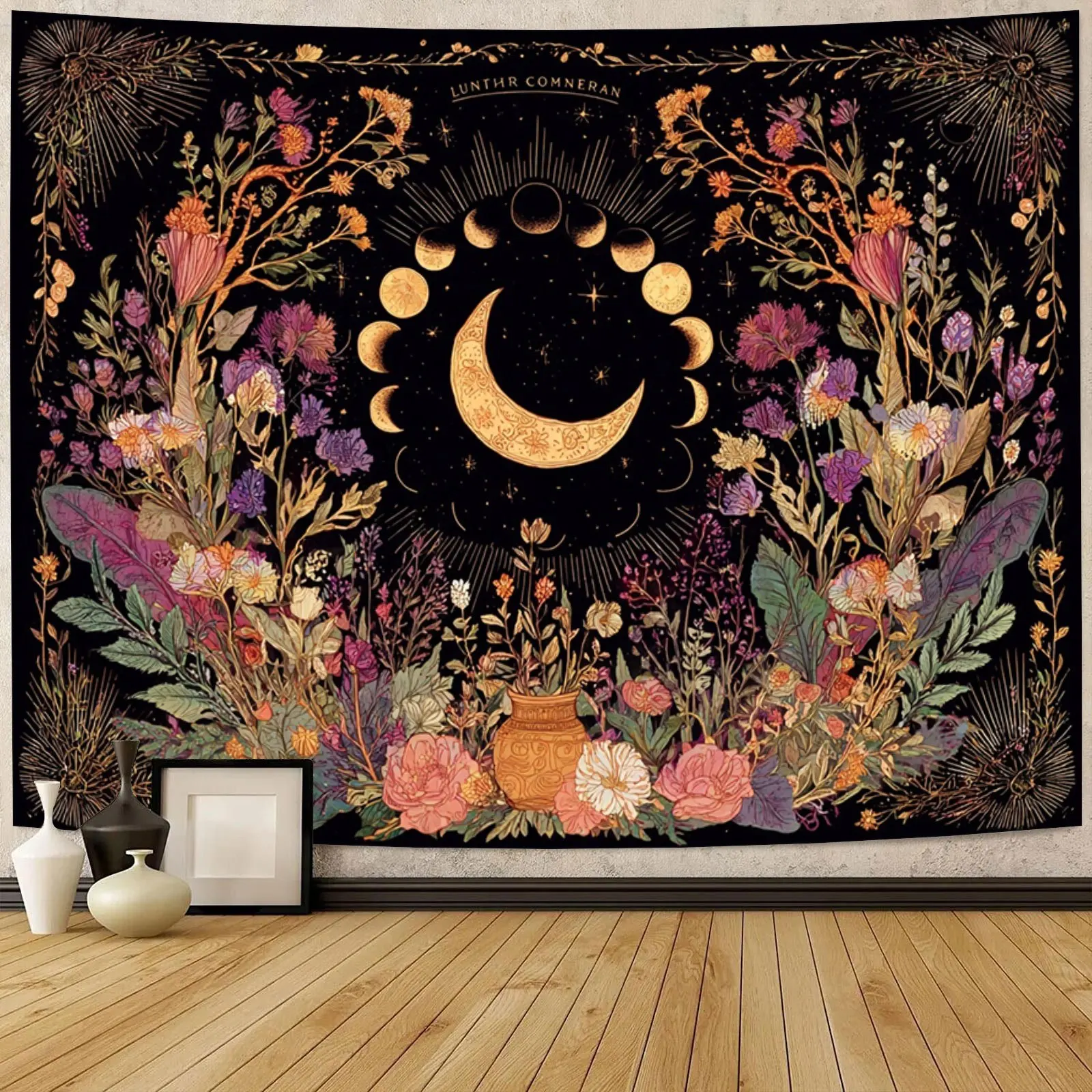 Sun And Moon Tapestry Vintage Bohemian Wall Hanging Flower Embrace Moon Dreamy Mysterious Realm Tapestry Wall Hanging MultiFunct