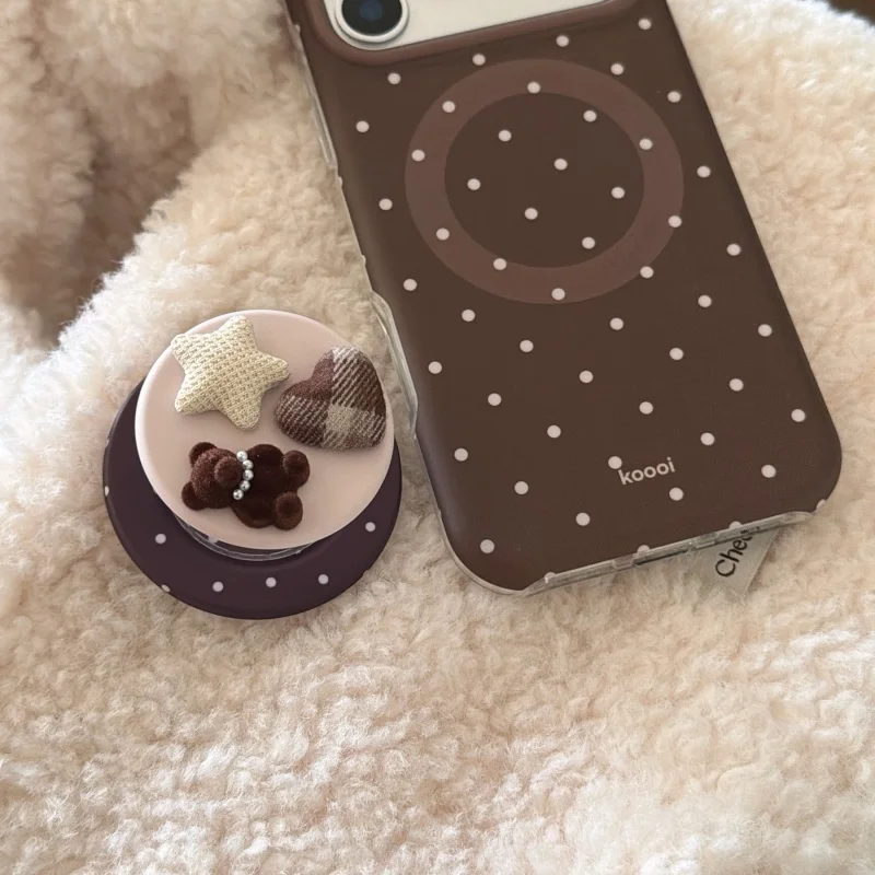 Shockproof White Dots Pattern Magnetic Brown Phone Case with Bear Holder for iPhone 17, 16, 15, 14, 13, Pro, Promax