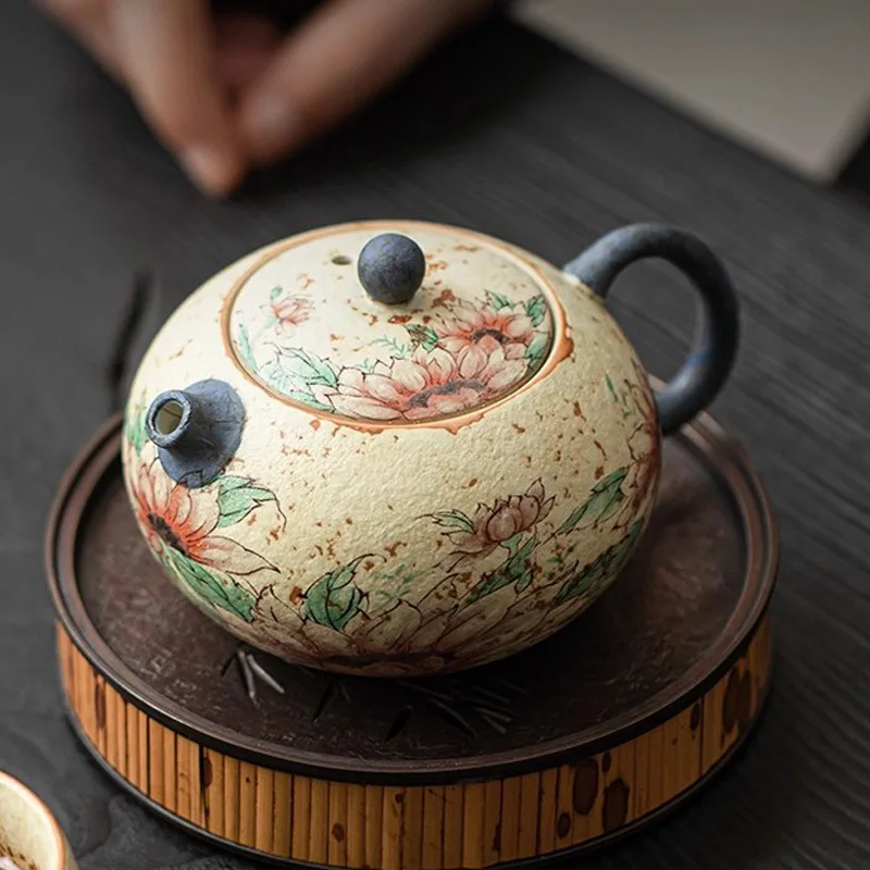 Sunflower Green Flint Ceramic Teapot Xishi Pot Retro Caramel Style Single Teapot For Home Kung Fu Tea Ceremony Table Decor Gift