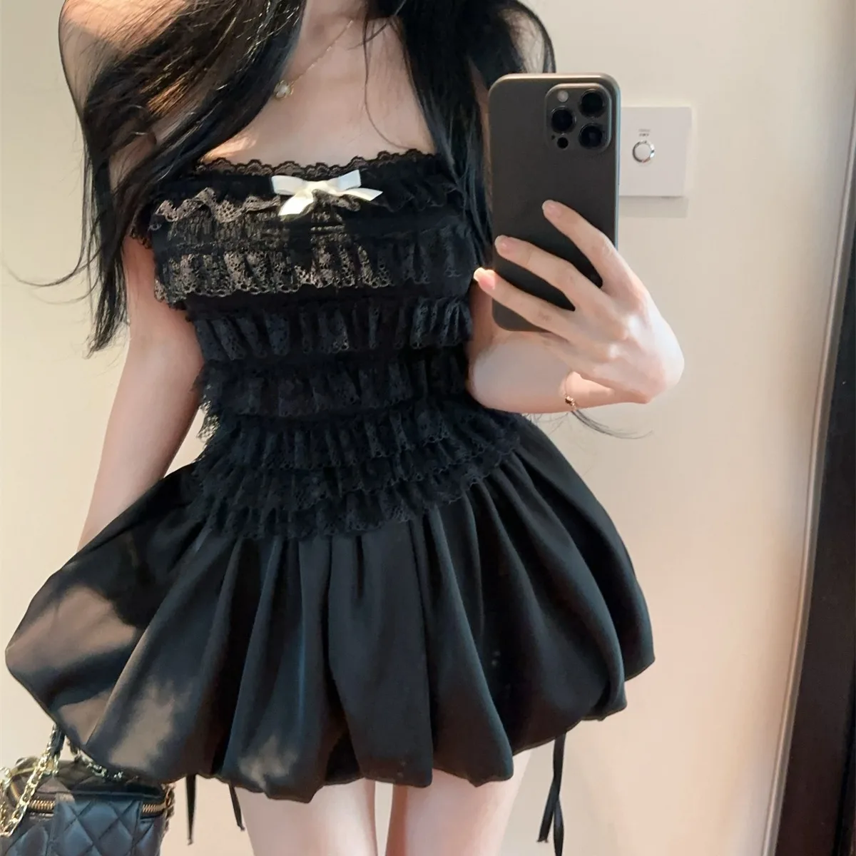 

Sweet Knot Lace Crop Top And Puffy Skirt Women's Set Autumn 2025 Chic One-oulder Two-Piece Ensemble for Adults