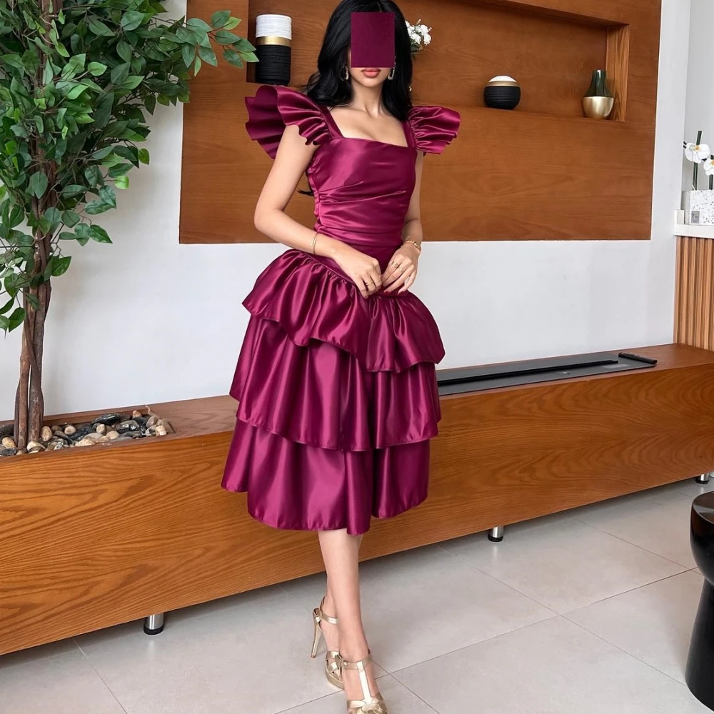 

Jiayigong High Quality Satin Tiered Evening A-line Square Neck Bespoke Occasion Gown Knee Length Dresses