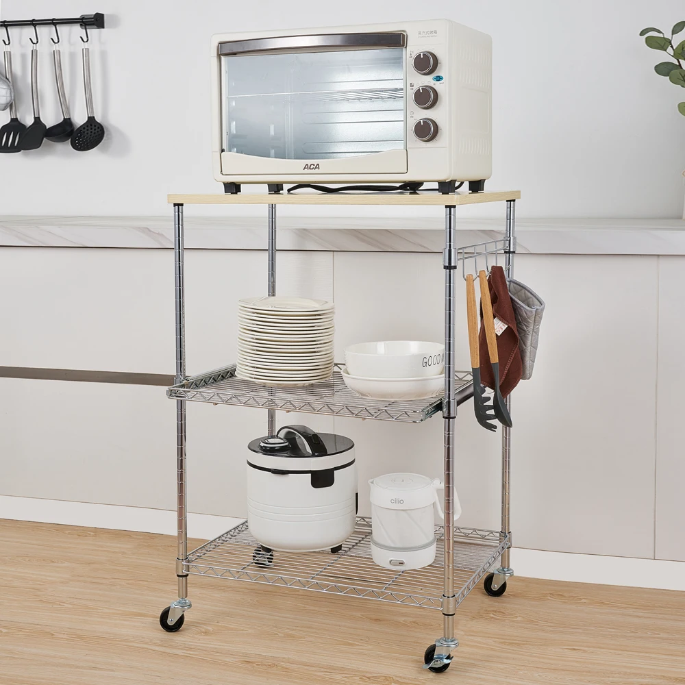 

Chrome Kitchen Cart with Wooden Top Rolling Utility Island with Shelves and Hooks