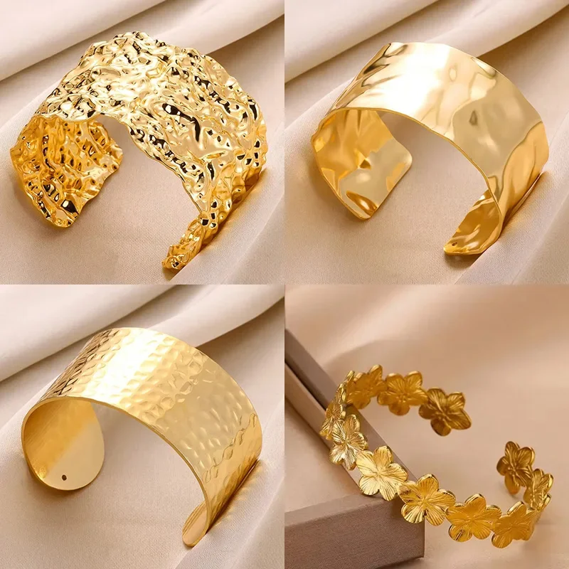 Classic Wrinkle Texture Open Cuff Bangle for Women, Gold Color Stainless Steel Bracelet, Exquisite Hand Ornament Jewelry Gift