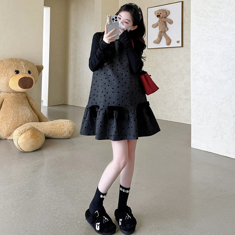 2025 vestido de embarazo pequeño de estilo francés, vestido de chaleco sin mangas de otoño, conjunto de dos piezas, traje de maternidad elegante favorecedor de longitud media