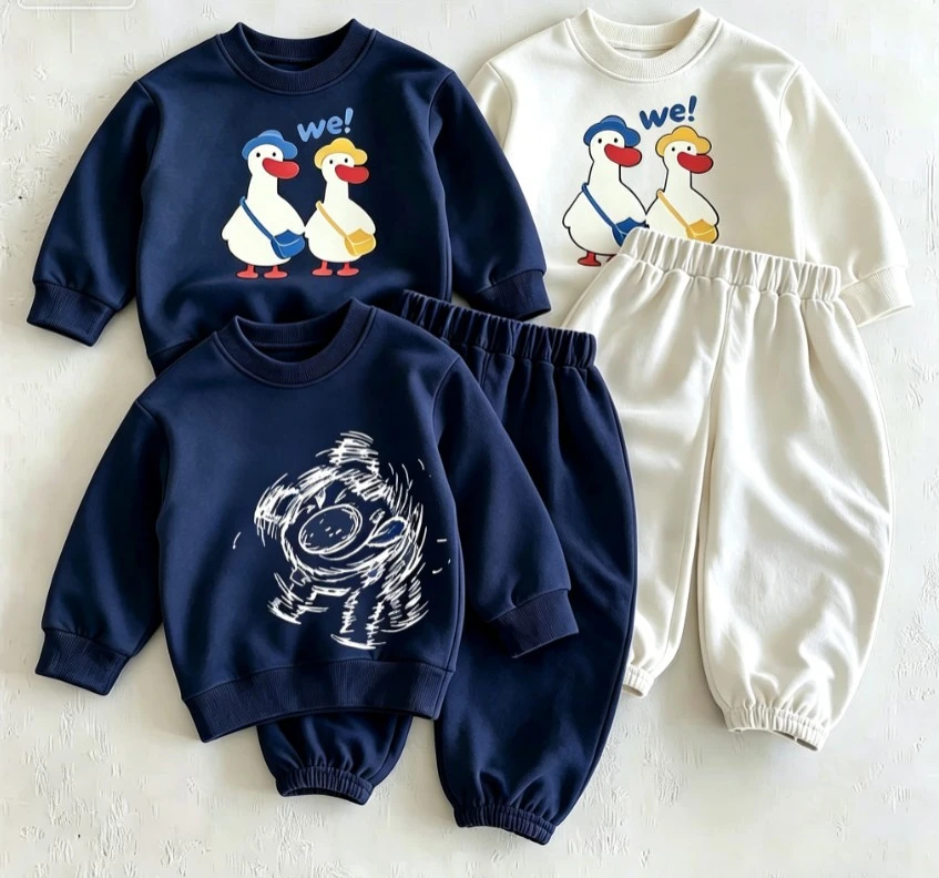 Baby Cute Duck Monster Theme Two Piece Sweat Outfit Baby Kid Cotton Crew Neck Pullover + Elastic Waist Loose Pants Wear Kid Suit