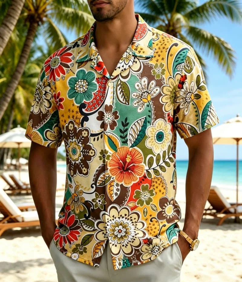 

Men's Vintage Boho Tropical Floral Print Shirt, Exotic Island Style for Summer Holiday, Beach Trips, Daily Outings & Casual Wear