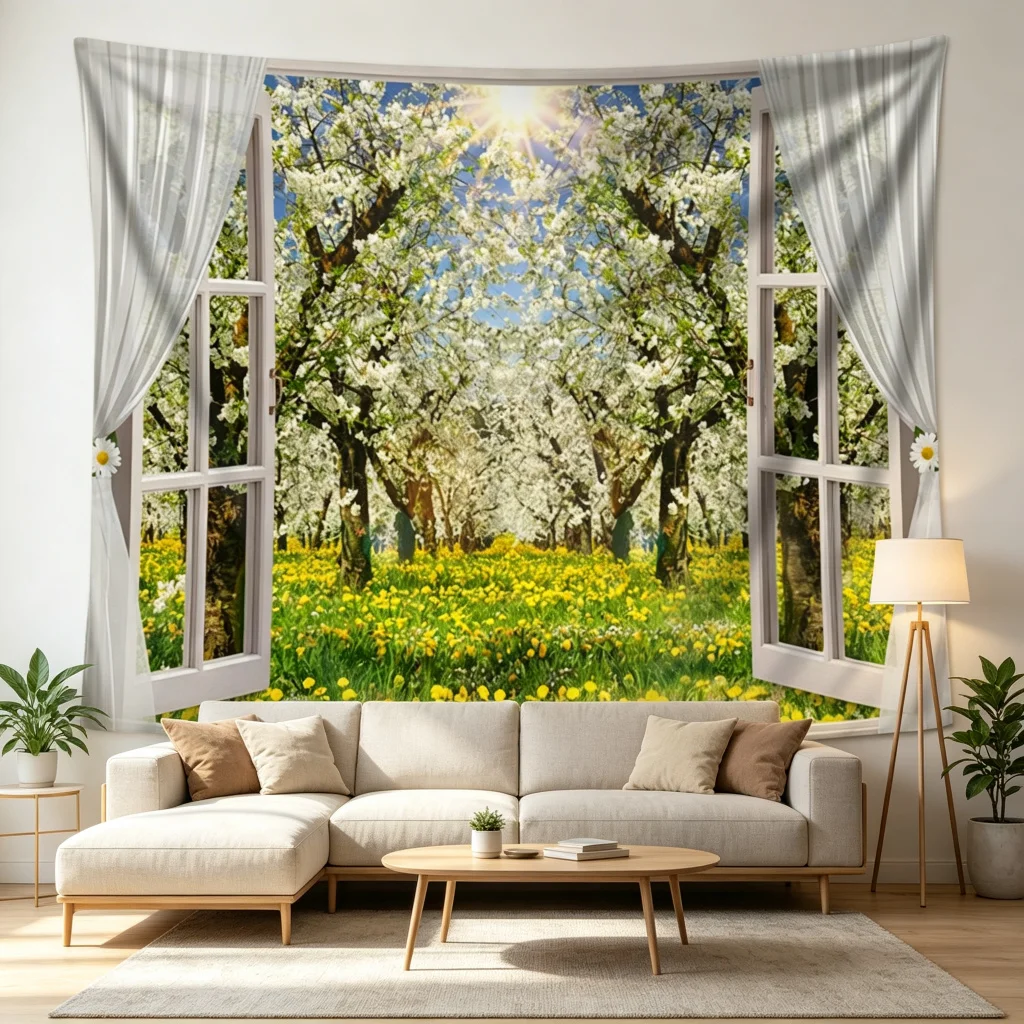 1PC Window Cherry Blossom Print Backdrop Banner, Bedroom Photo Background, Polyester Wall Hanging, Home Decor, Wall Art
