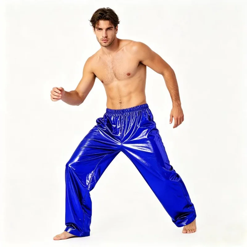 Herren-Hose mit glänzendem Metallic-Effekt, gerades Bein, elastische Hose mit Kordelzug an der Taille, lockere Hose, Nachtclub, Disco, Bühnenauftritt, Party-Kostüm – Detail 2