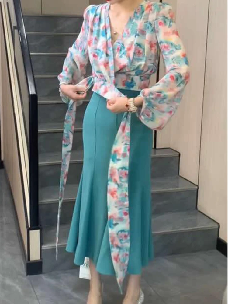 

Two-piece dress women's summer 2026 new temperament casual fashion print sexy design cross tie floral shirt+fishtail skirt